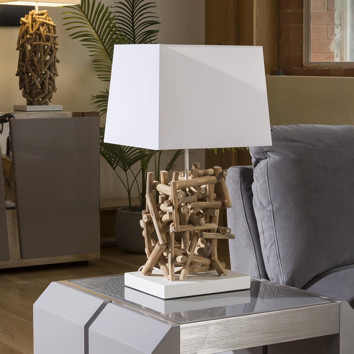Quatropi Beautiful Unique Modern Driftwood table lamp / light white shade Lhassa