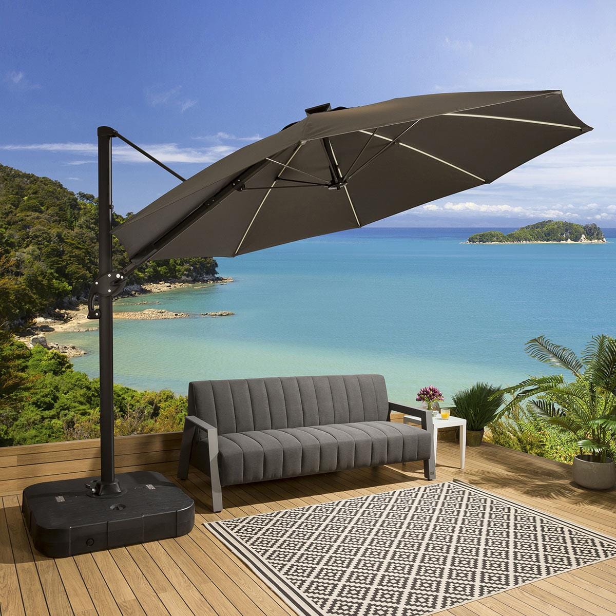 Quatropi Grey Cantilever Garden Parasol 300cm - Tilt/Swivel Unbrella & Weighted Base