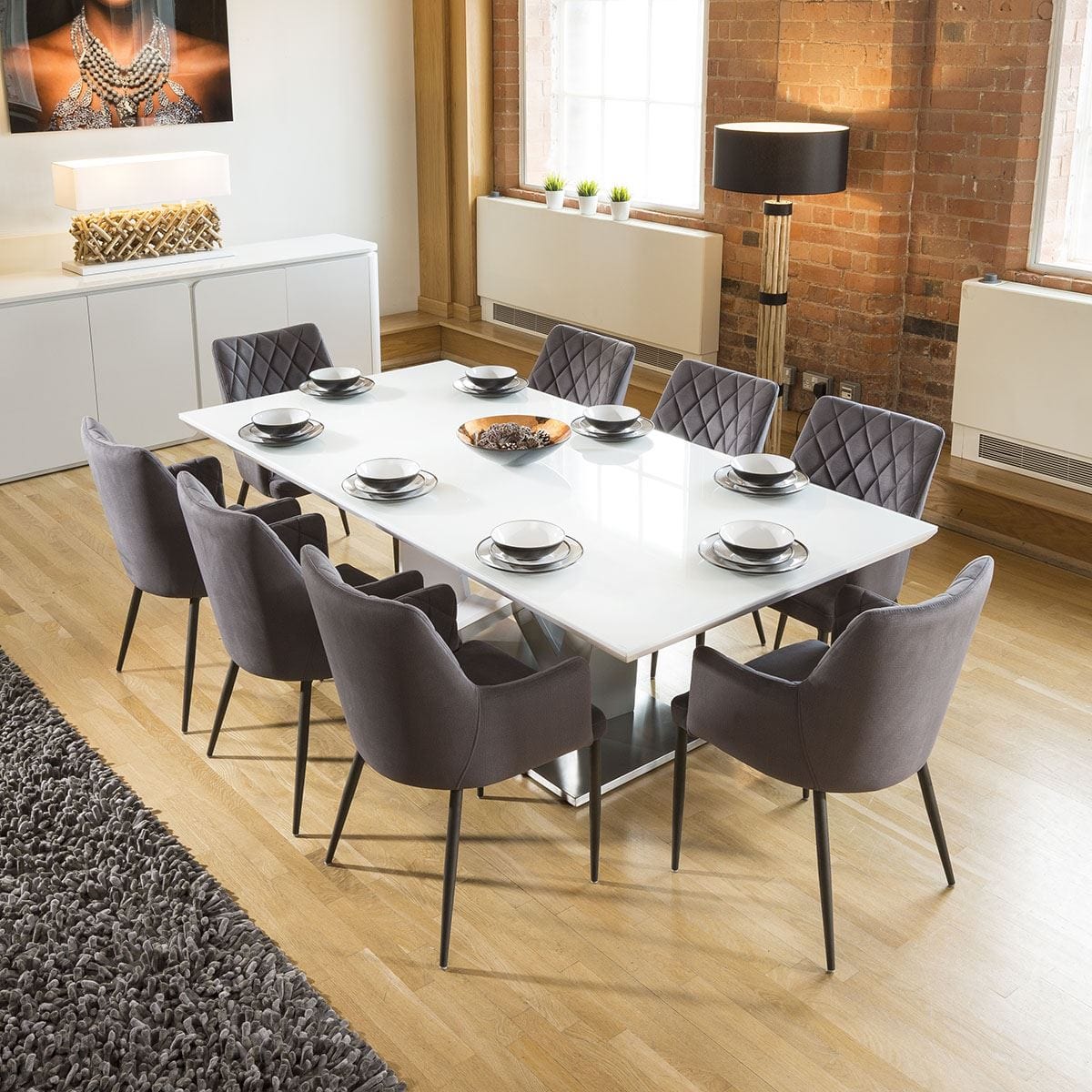 Quatropi Huge 8 Seater Dining Set 2.2mt White Glass Top Table 8 Carver Grey Chairs
