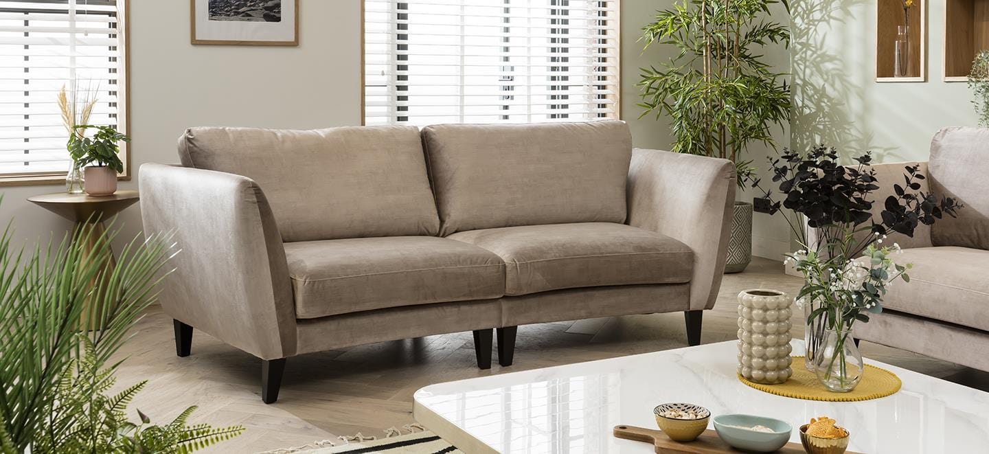 Quatropi Modern 3 Seater Sofa - Large Curved Fabric Sofa - Ombra Mink - 228cm
