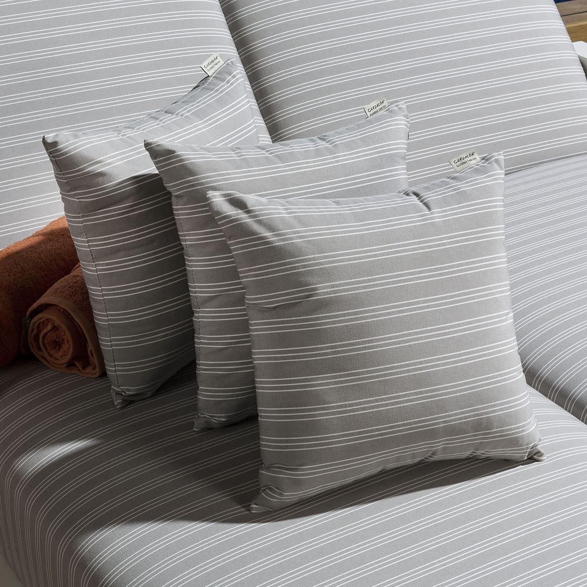 Quatropi Pack of 3 Luxury Outdoor Light Grey Stripe Cushions for Garden Sofa Perla