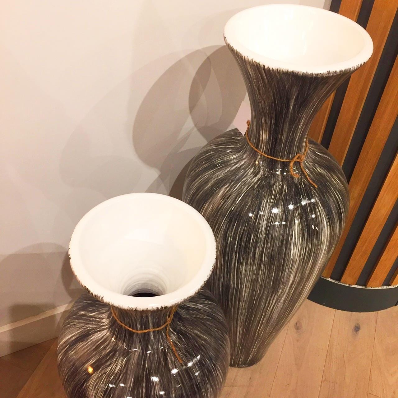 Quatropi Pair of Huge Stunning Luxury Silver Shaded Flute Neck Vases Ornaments