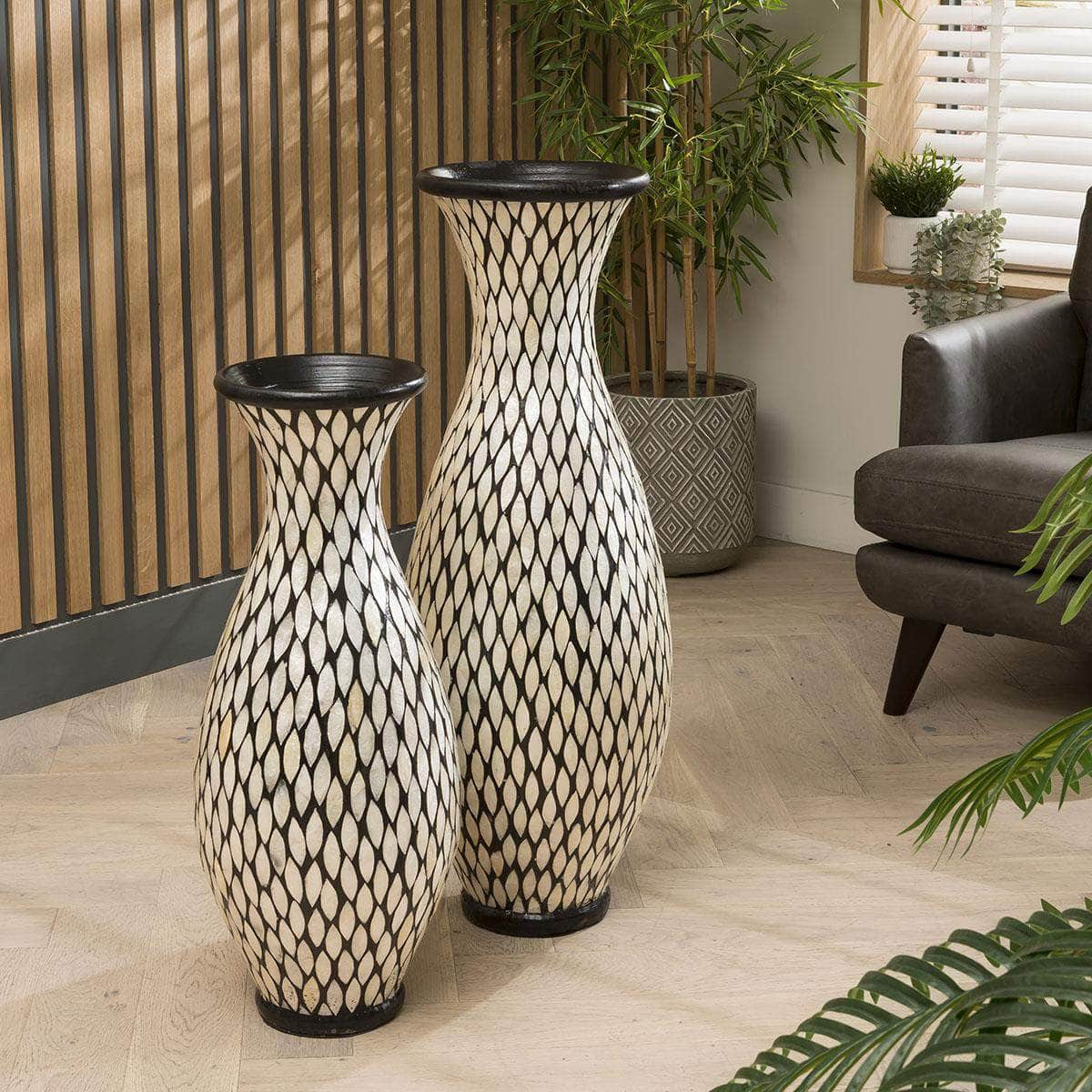 Quatropi Pair of Stunning Shell Mosaic Vases 800 + 1000mm High Ivory Black