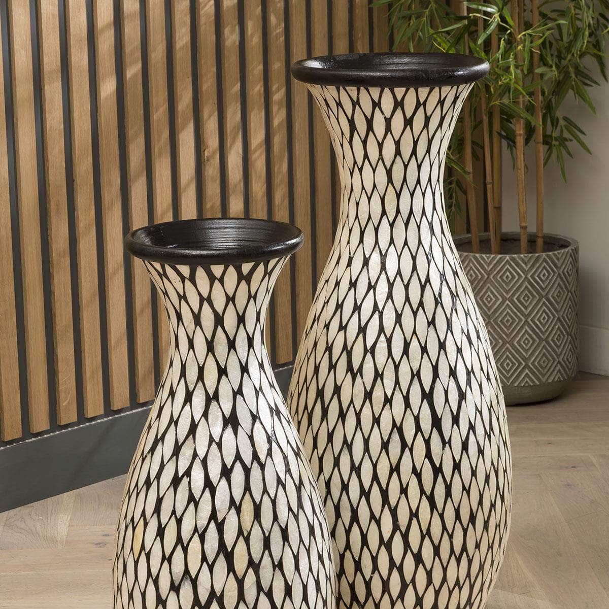 Quatropi Pair of Stunning Shell Mosaic Vases 800 + 1000mm High Ivory Black
