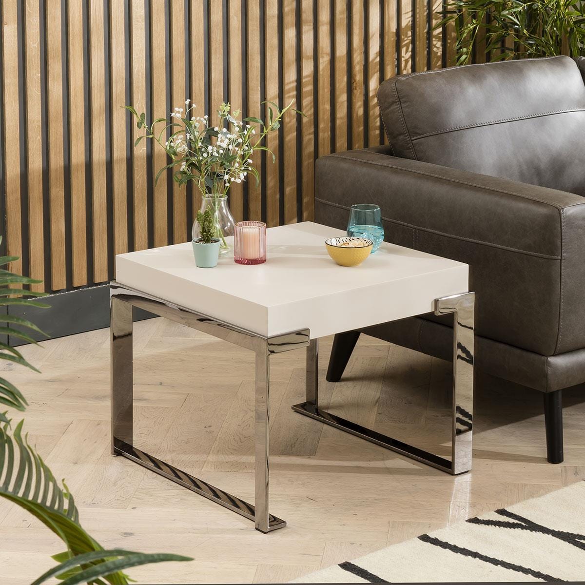 Quatropi Modern Side Table - Matte Chalk & Smoked Chrome Legs - 50cm Square