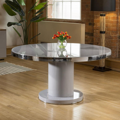 Round 1500mm Dining Table Grey Gloss Base Glass Top & Polished Steel
