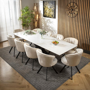 Quatropi 10 Seat Extendable Dining Set Ceramic Dining Table and Chairs Cream White