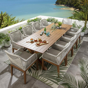Quatropi 10 Seater Garden Table and Chairs Set Cream Oak Wood Effect Aluminium
