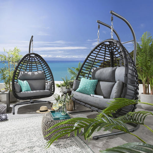 2 Bamboo Egg Chairs Single & Double Set - Charcoal