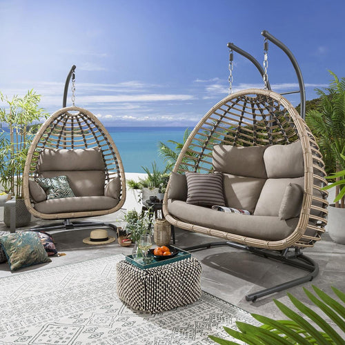 2 Bamboo Egg Chairs Single & Double Set - Coffee