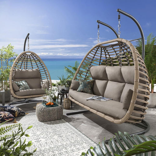 2 Bamboo Egg Chairs Single & Hammock Set - Coffee