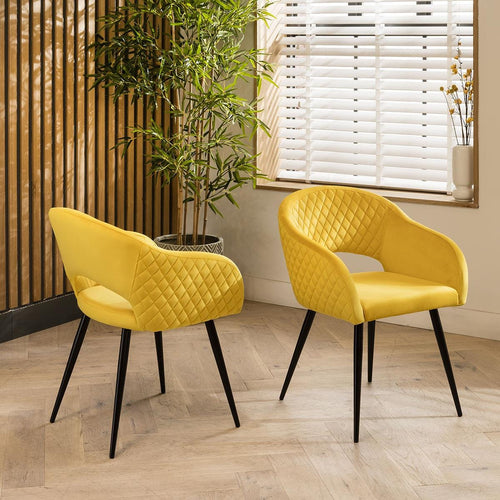 2 Lucy Velvet Carver Dining Chairs Yellow
