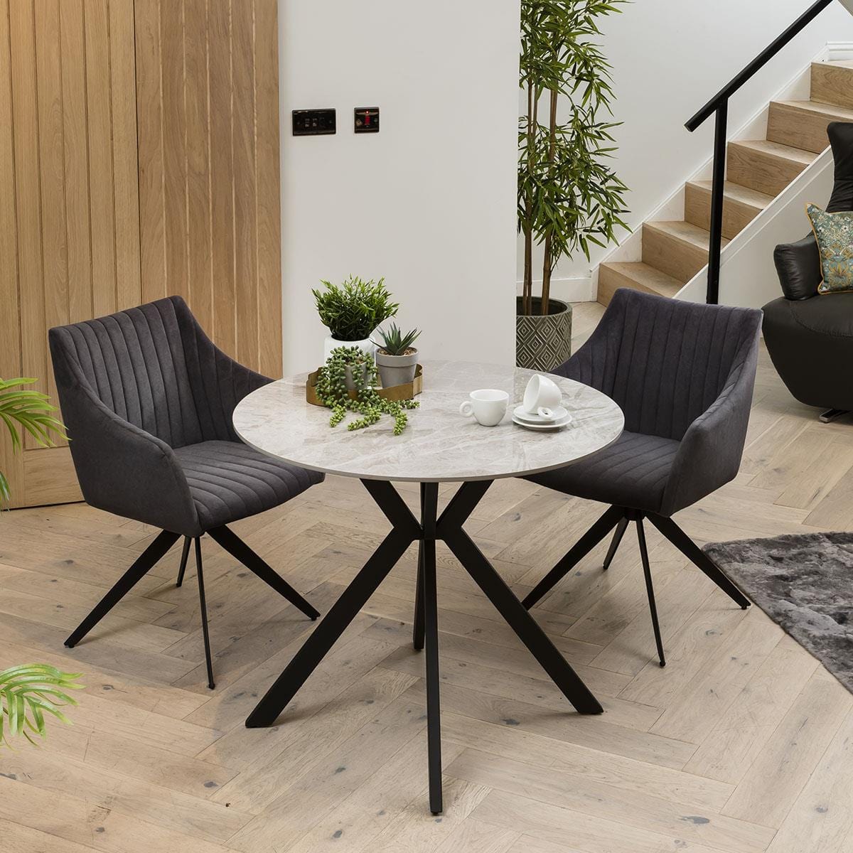 Quatropi 2 Seater Grey Ceramic Round Dining Table And Carver Dining Chairs With Arms