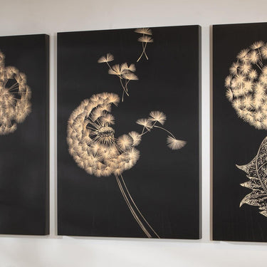 Quatropi 3-Piece Hand-Carved Dandelion Wall Artwork Set Black Wood 150x70cm