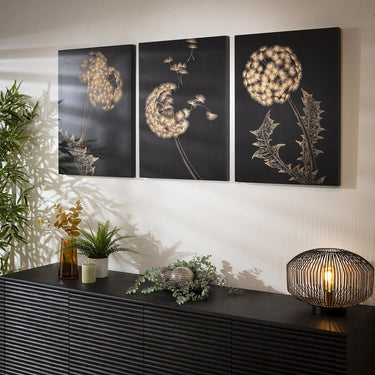 Quatropi 3-Piece Hand-Carved Dandelion Wall Artwork Set Black Wood 150x70cm