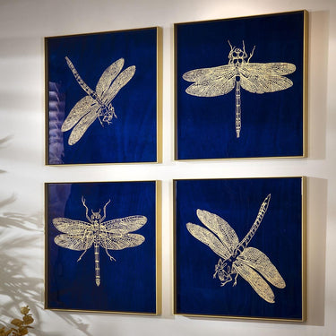 Quatropi 4-Piece Dragon Fly Gold Metal Framed Wall Artwork Set Blue 80x80cm