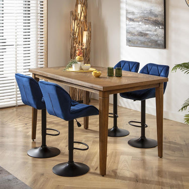 Quatropi 4 Seat Counter Bar Table and Stools Set Solid Wood Modern Blue Velvet