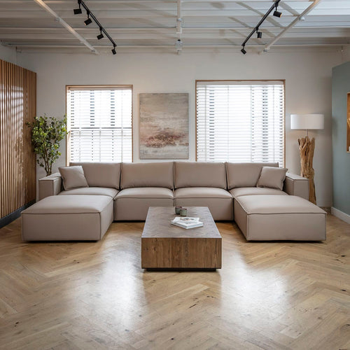 Rupert Leather 4 Seater Modular Chaise Sofa Settee Mushroom Beige 398x196cm 7