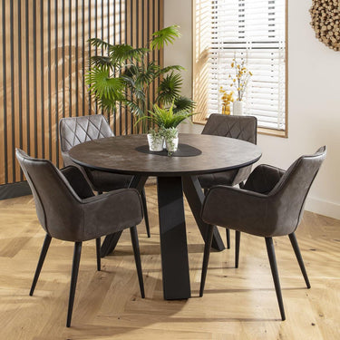 Quatropi 4 Seater Round Modern Dining Table and Chairs Set Dark Grey Black