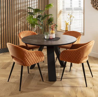 Quatropi 4 Seater Round Modern Dining Table and Chairs Set Orange Velvet Black