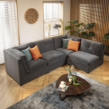 Quatropi 4 Seater Small Modular L Shape Corner Sofa Sectional Couch Grey Velvet 