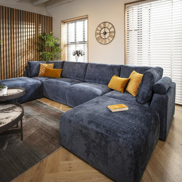 Quatropi 4 Seater U Shaped Corner Sofa Long Chaise Footstool Modular Blue
