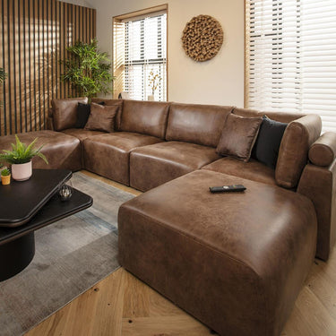 Quatropi 4 Seater U Shaped Corner Sofa Long Chaise Footstool Modular Brown