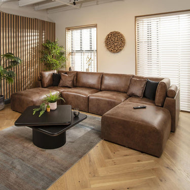 Quatropi 4 Seater U Shaped Corner Sofa Long Chaise Footstool Modular Brown