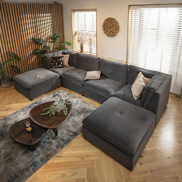 Quatropi 4 Seater U Shaped Corner Sofa Long Chaise Footstool Modular Grey Velvet