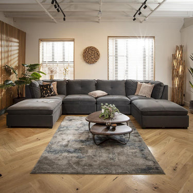 Quatropi 4 Seater U Shaped Corner Sofa Long Chaise Footstool Modular Grey Velvet