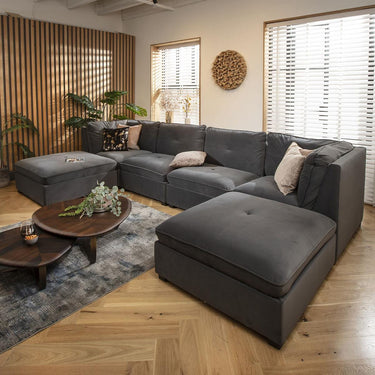 Quatropi 4 Seater U Shaped Corner Sofa Long Chaise Footstool Modular Grey Velvet
