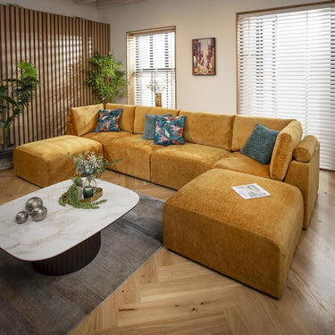 Quatropi 4 Seater U Shaped Corner Sofa Long Chaise Footstool Modular Mustard