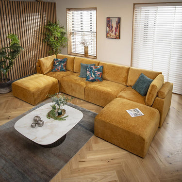 Quatropi 4 Seater U Shaped Corner Sofa Long Chaise Footstool Modular Mustard