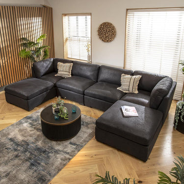Quatropi 4 Seater U Shaped Corner Sofa Long Chaise Footstool Modular Set Black