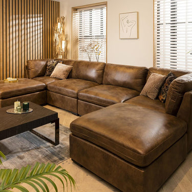 Quatropi 4 Seater U Shaped Corner Sofa Long Chaise Footstool Modular Set Brown 7