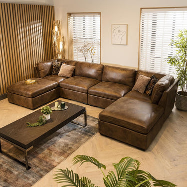 Quatropi 4 Seater U Shaped Corner Sofa Long Chaise Footstool Modular Set Brown 7
