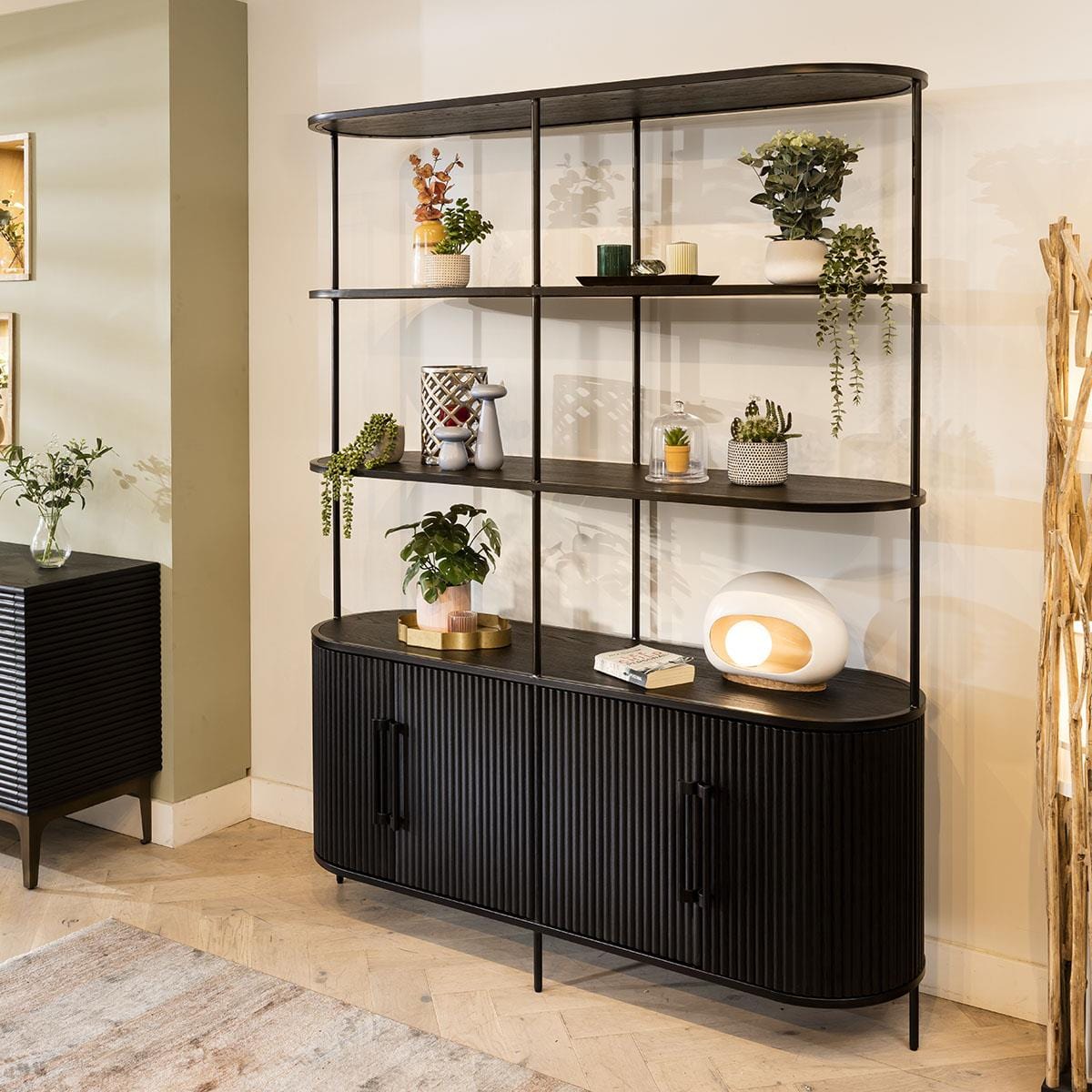 4 Shelf Shelving Unit with Doors Bookcase Ribbed Black Oak 160x200cm ...