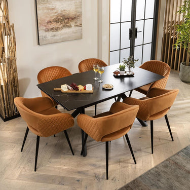 Quatropi 6 Chair Modern Dining Set Extending Ceramic Marble Black Orange Velvet