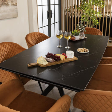 Quatropi 6 Chair Modern Dining Set Extending Ceramic Marble Black Orange Velvet