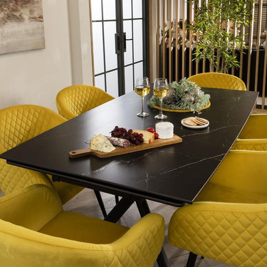 Quatropi 6 Chair Modern Dining Set Extending Ceramic Marble Black Yellow Velvet