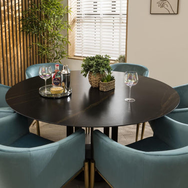 Quatropi 6 Seat Ceramic Marble Round Dining Table Chairs Set Black Green 150cm