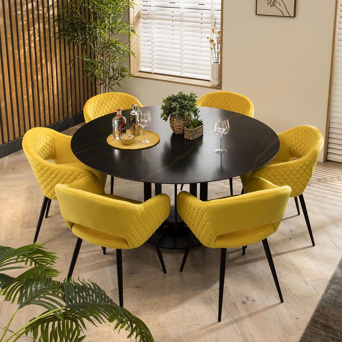 6 Seat Ceramic Marble Round Dining Table Chairs Set Black Yellow 150cm — free download