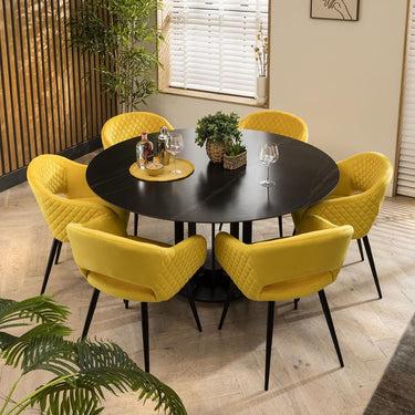 Quatropi 6 Seat Ceramic Marble Round Dining Table Chairs Set Black Yellow 150cm