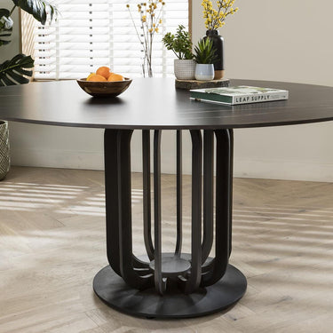 Quatropi 6 Seat Ceramic Marble Round Dining Table Chairs Set Black Yellow 150cm