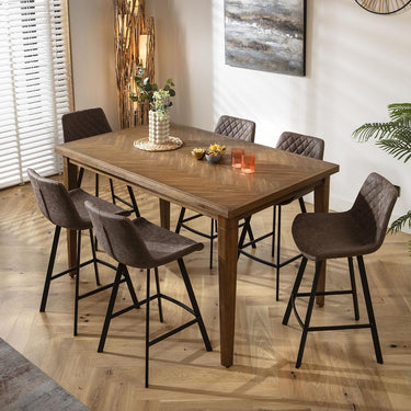 Quatropi 6 Seat Counter Bar Table and Stools Set Solid Wood Brown Faux Leather