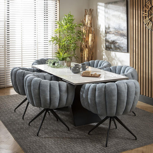 Maisy 6 Seater Ceramic Extendable Dining Set Blue Return Swivel Chairs & White Gold