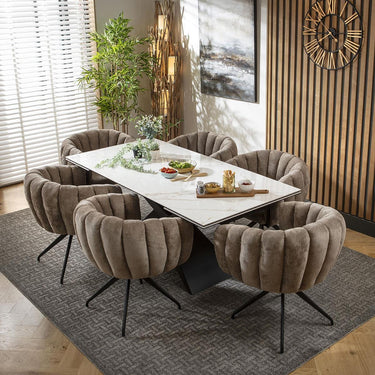 Quatropi 6 Seat Extendable Dining Set Ceramic Dining Table and Chairs Brown White
