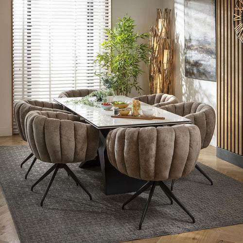 Maisy 6 Seater Ceramic Extendable Dining Set Brown Return Swivel Chairs & White Gold