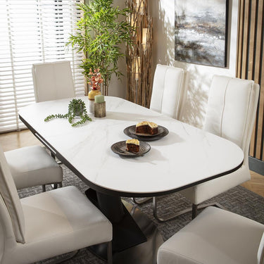 Quatropi 6 Seat Extendable Dining Set Ceramic Dining Table and Chairs White Leather