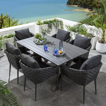 Quatropi 6 Seat Garden Table and Chairs Dining Set Grey Wood Effect Aluminium 